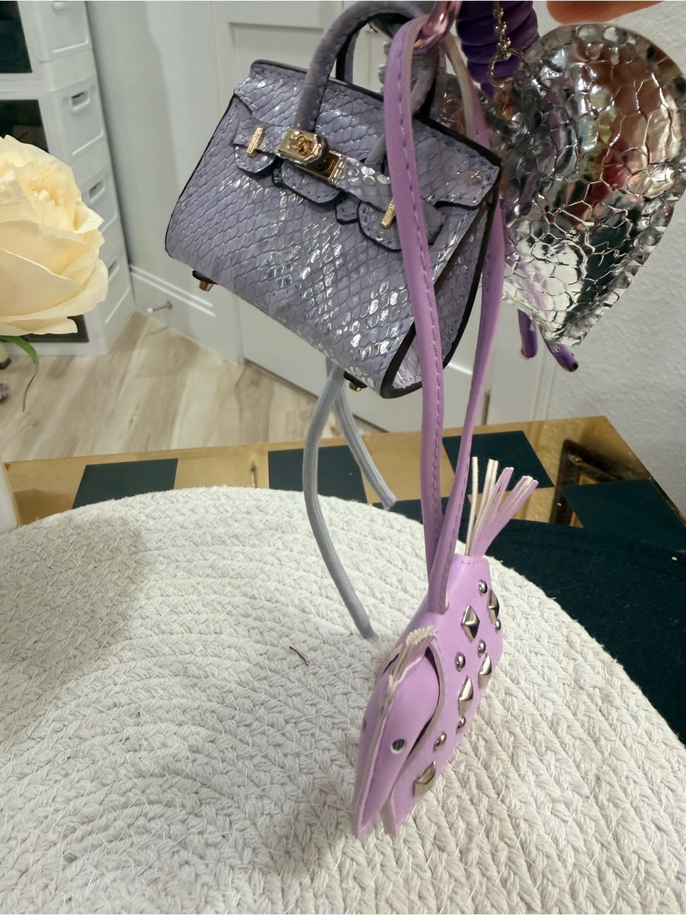Mini Purple fashion Bag & Studded Pony Charm Set with Silver Puffy Heart Charm - Picture 8 of 8